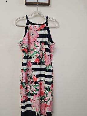 Vince Camuto Black & White Striped Halter Dress with Pink Floral Size 14
